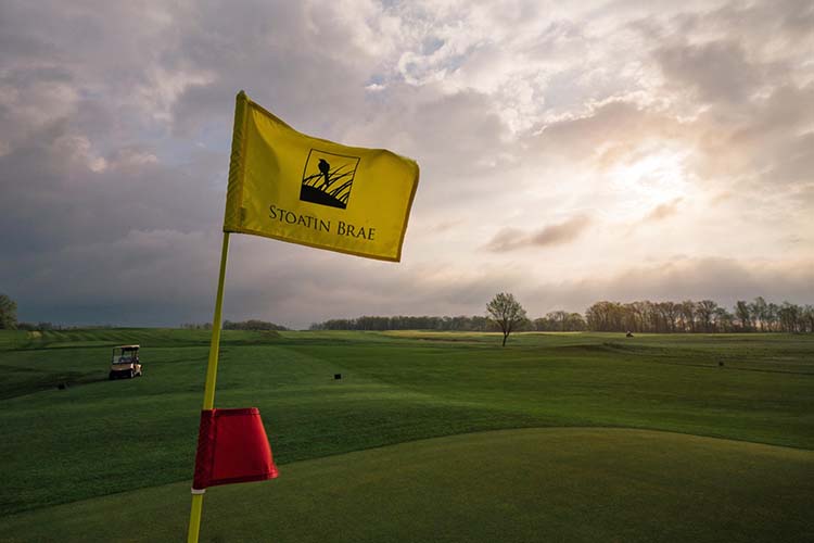 Stoatin Brae Golf Club #8 A yellow golf flag and lush green grass on the green and fairway of hole number 8 at Stoatin Brae Golf Club