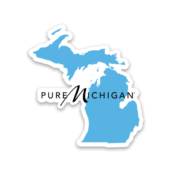 A sticker of the state outline and Pure Michigan logo.